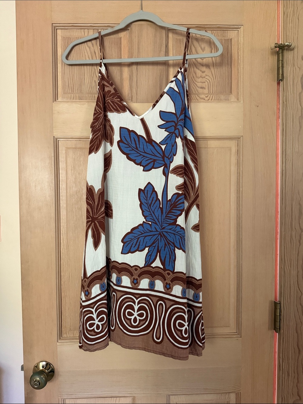 Blue and Brown Tropical Print Spaghetti-Strap Mini Dress
